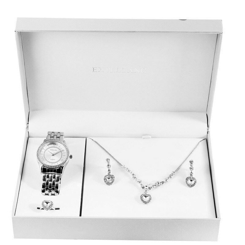 Excellanc Damen Geschenkeset mit Uhr, Halskette, Ring und Ohrringen, silberfarben/weiß