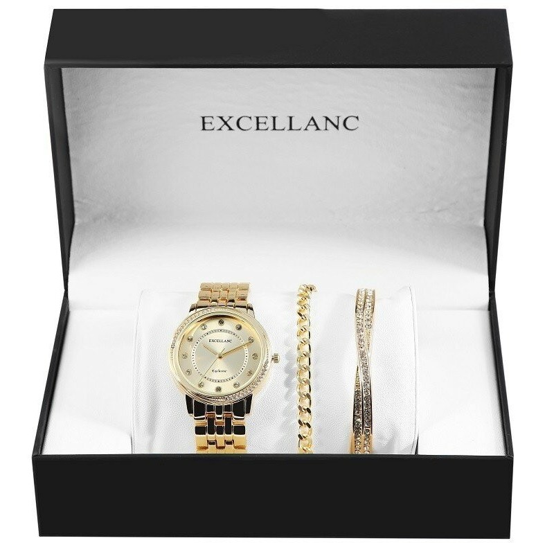 Excellanc Damen-Geschenkset mit Armbanduhr, Armband und Armreif, goldfarben